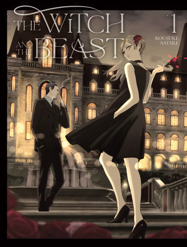 Cover art of The Witch and The Beast featuring an elegantly dressed anime witch in black with a man in suit behind her, against a backdrop of a grand, illuminated building.