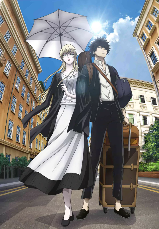 Anime characters from The Witch and the Beast walking down a sunny city street with a lady holding an umbrella and a man carrying luggage.