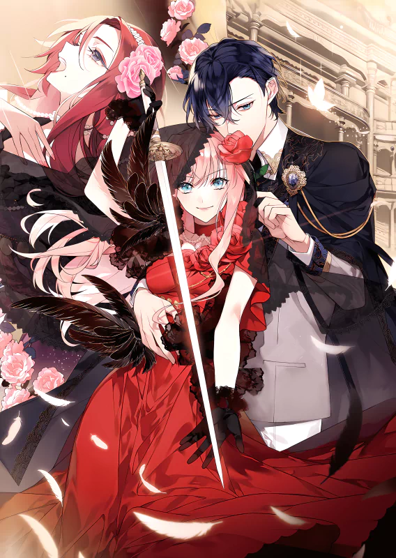 Anime illustration of an anime girl in a red gown wielding a sword, surrounded by roses and black feathers, flanked by a dark-haired man in a suit and a red-haired woman.