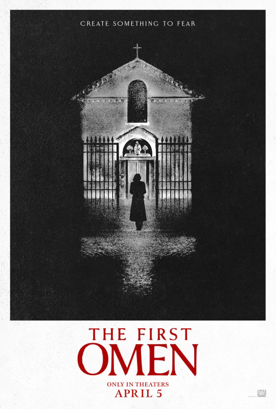 Promotional poster for The First Omen movie featuring a shadowy figure at the entrance of a gothic building, with a release date of April 5.