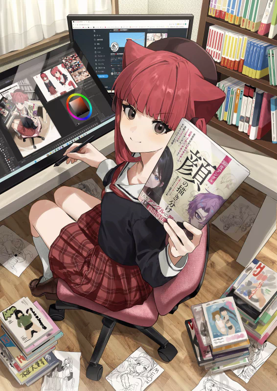 girl black jacket computer drawing tablet red hair Image