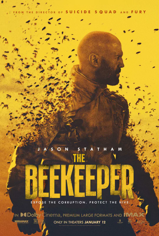 Movie poster of The Beekeeper featuring a silhouette of a person against a swarm of bees, highlighting the release in theaters and emphasizing the film's suspenseful theme.