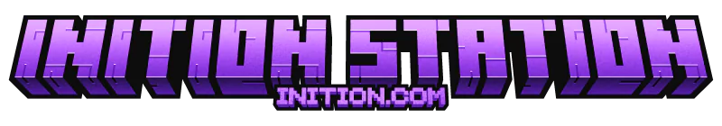 Logo for Initition Station, a Minecraft video game community or server, featuring blocky, pixelated purple text on a black background with the website initition.com below.