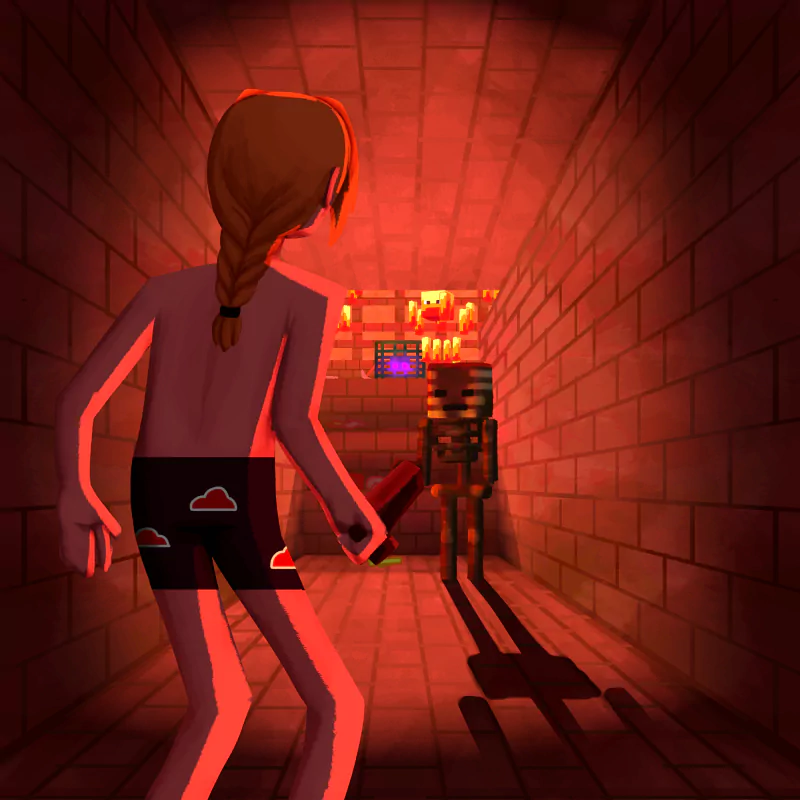 Minecraft fan art showing a character with a braid facing a skeleton armed with a bow in a dimly lit, red-toned brick corridor.