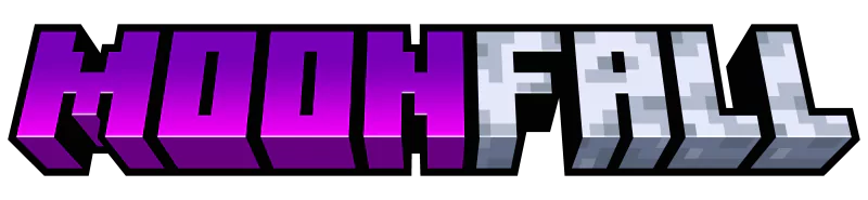 Pixelated logo reading MoonFall in purple and gray, reflecting the blocky, pixel-art style typical of Minecraft video game graphics.