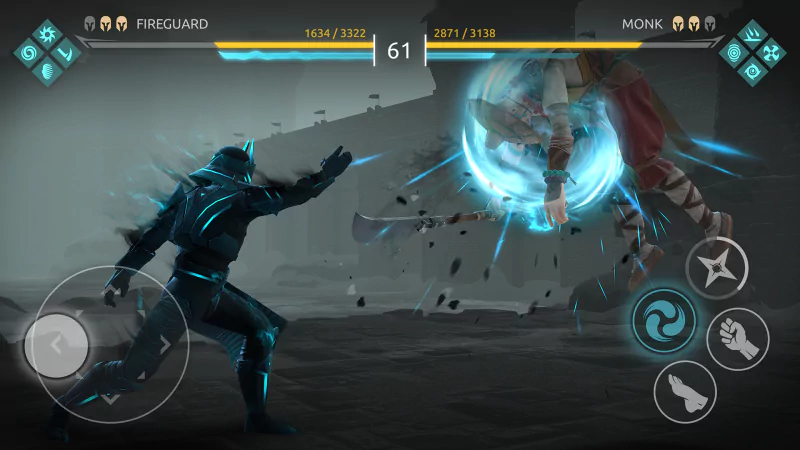 In-game screenshot of Shadow Fight 4 featuring a character executing a powerful blue energy attack against an opponent.