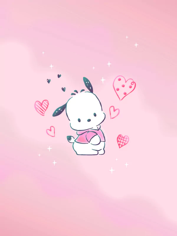 Anime-style illustration of Pochacco, a cute white dog holding a pink heart, surrounded by pink and black hearts on a soft pink background with sparkles.