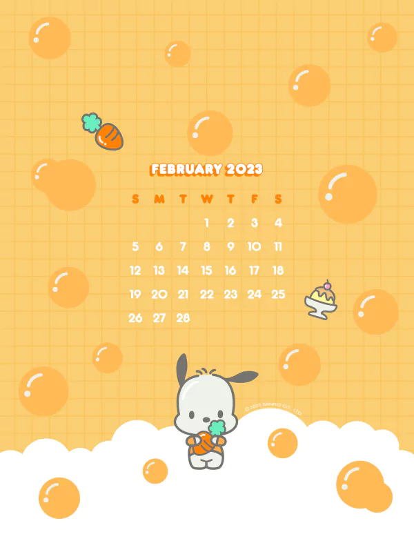 February 2023 calendar featuring the anime character Pochacco holding a carrot on an orange background with bubbles and a small cake illustration.