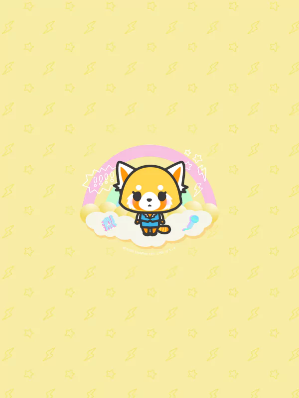 Illustration of Retsuko from Aggretsuko anime, depicted as a cute red panda character in a cheerful pose on a yellow background with lightning bolts.