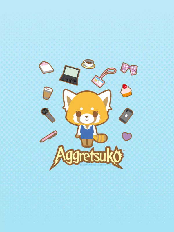 Cute Retsuko character from Aggretsuko anime surrounded by office items and a heart, with the Aggretsuko logo below.