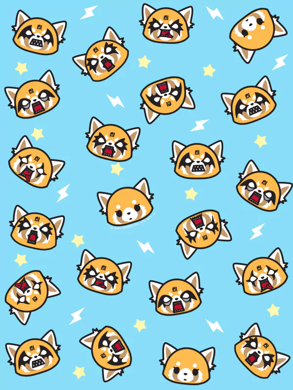 A variety of expressive Retsuko faces from the anime Aggretsuko, featuring her iconic karaoke rage mode, against a blue patterned background with stars.