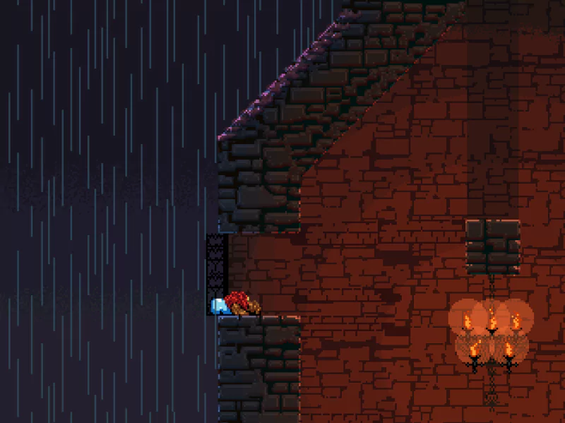 Screenshot from the video game Jump King showing the character on a ledge beside a brick building with rain falling in the background.
