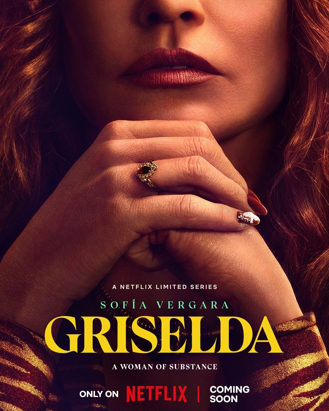 Promotional poster for Netflix series Griselda featuring a close-up of a woman's face with title and premiere details.