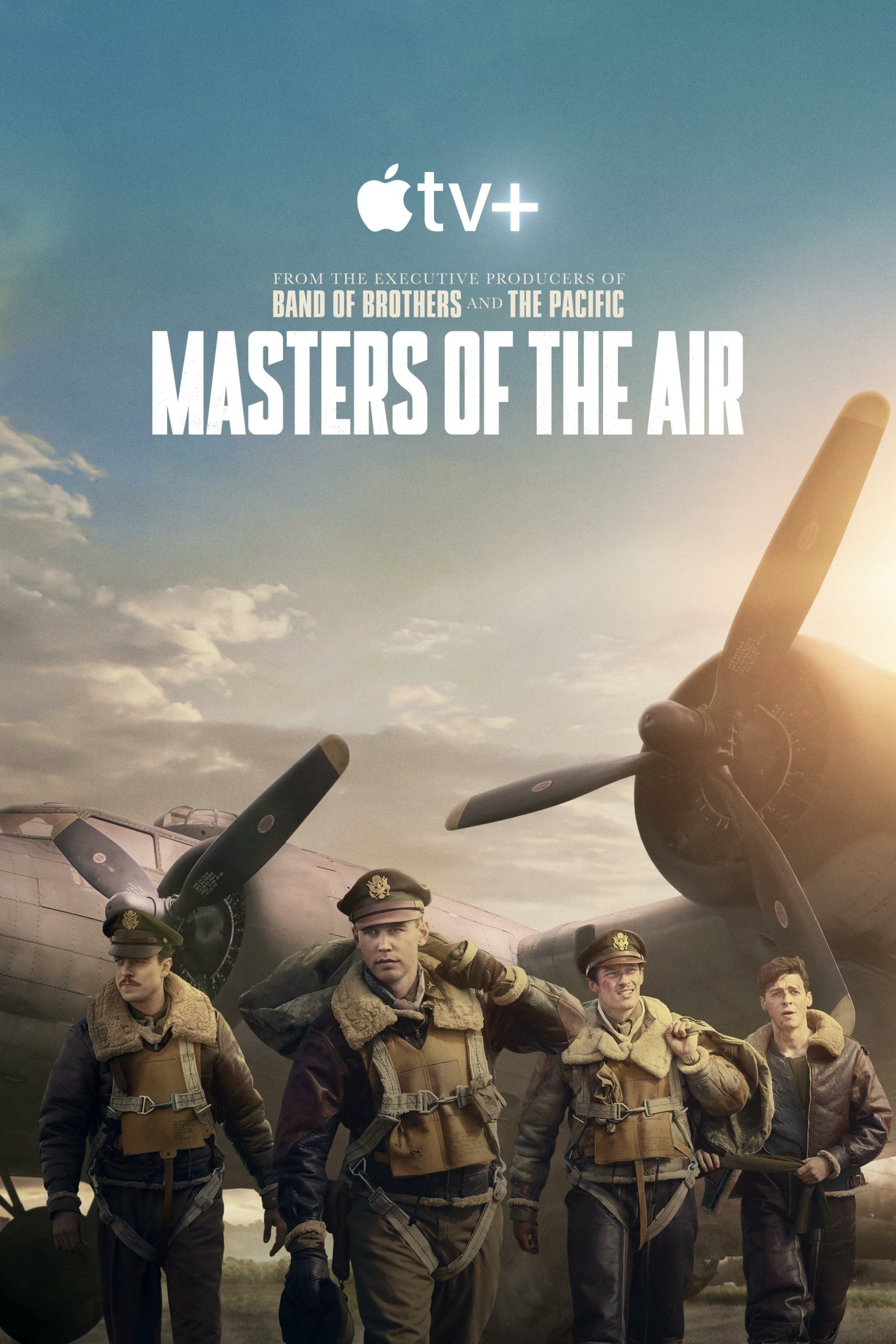 Promotional poster for Masters of the Air TV show on Apple TV+, featuring uniformed WWII airmen standing in front of a military aircraft.