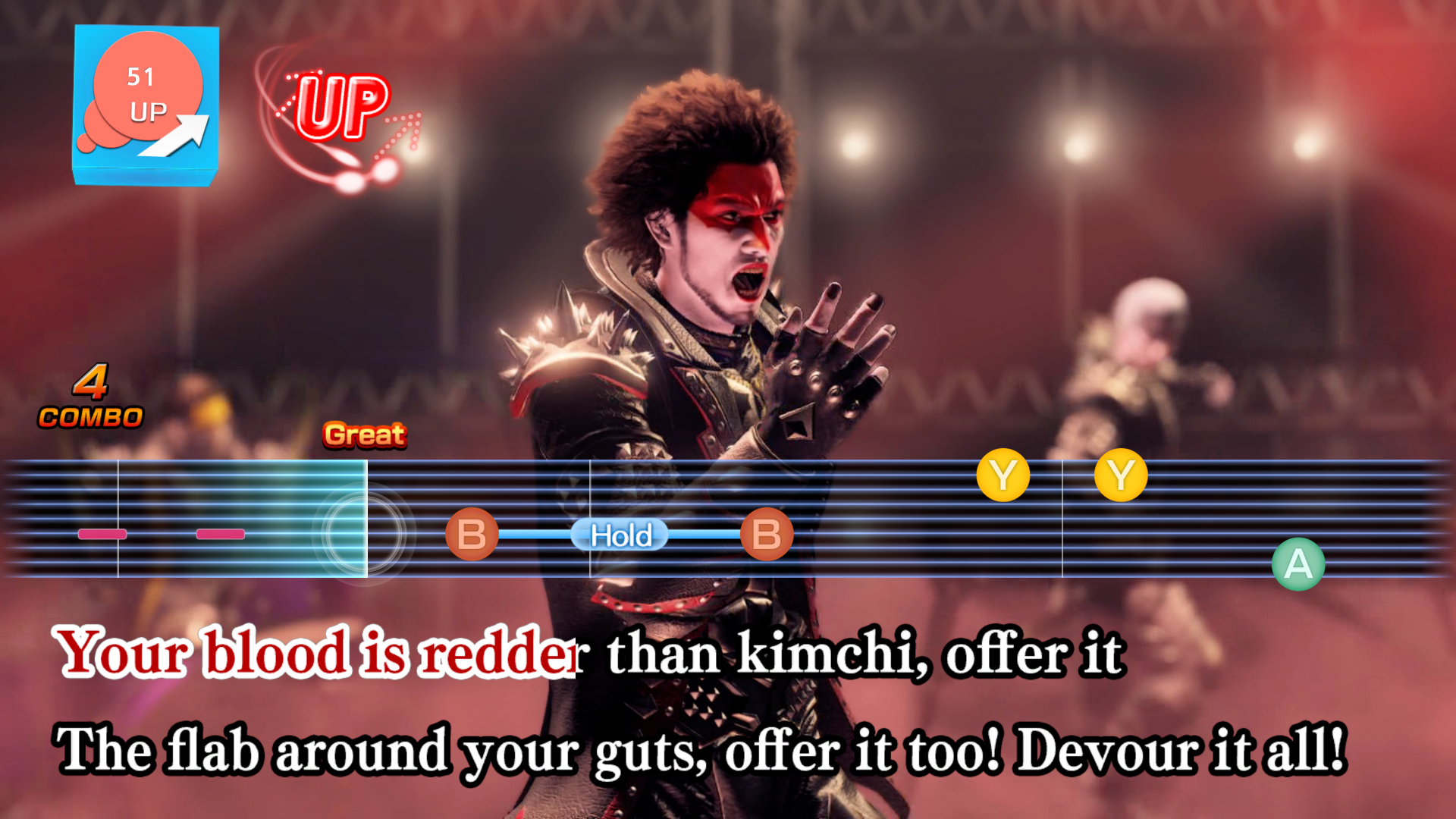 Dynamic in-game battle scene from Yakuza: Like a Dragon featuring a character with a punk hairstyle performing an attack, with combo indicators and a vibrant dialogue box.