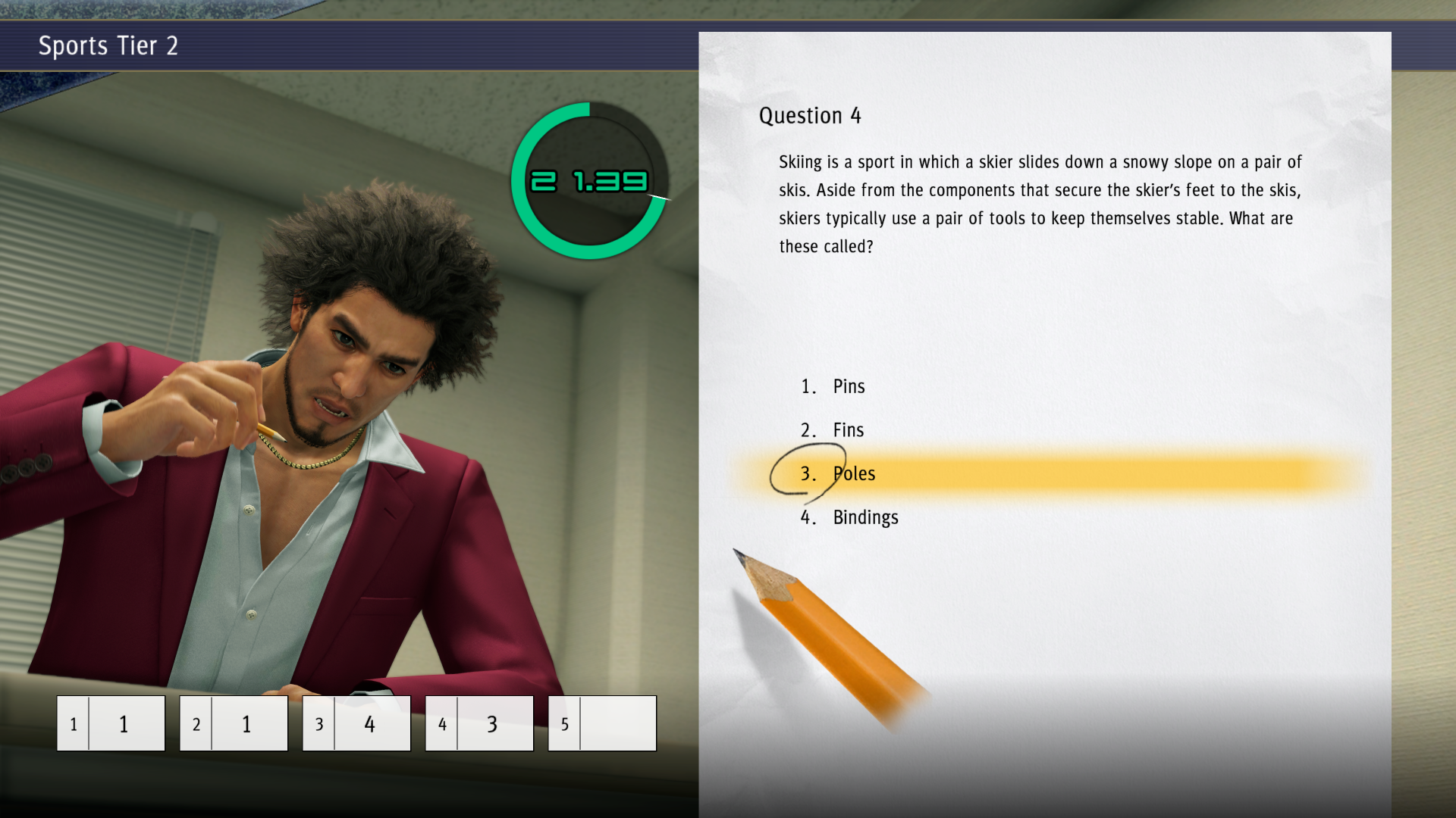 Character from Yakuza: Like a Dragon video game selecting an answer in a multiple-choice quiz in-game scene.
