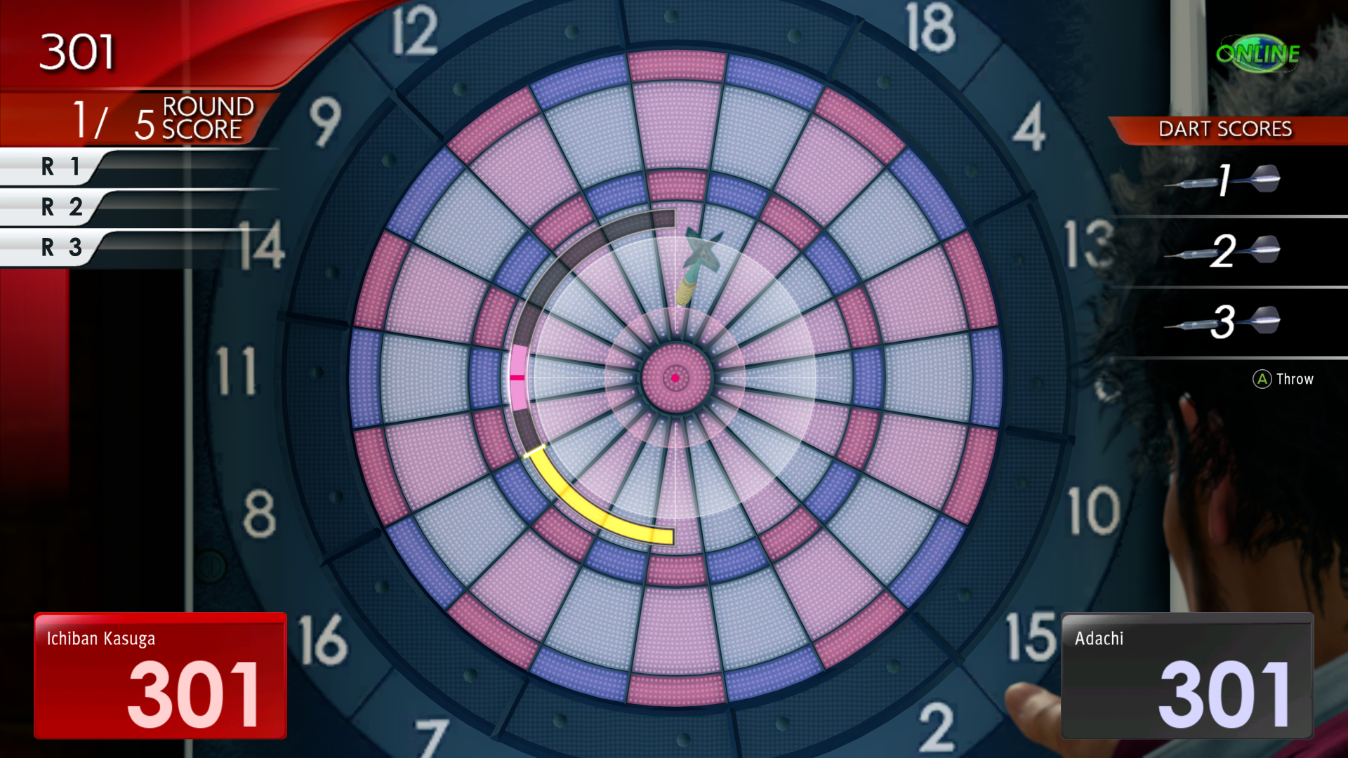 Dartboard minigame from Yakuza: Like a Dragon video game with score interface.