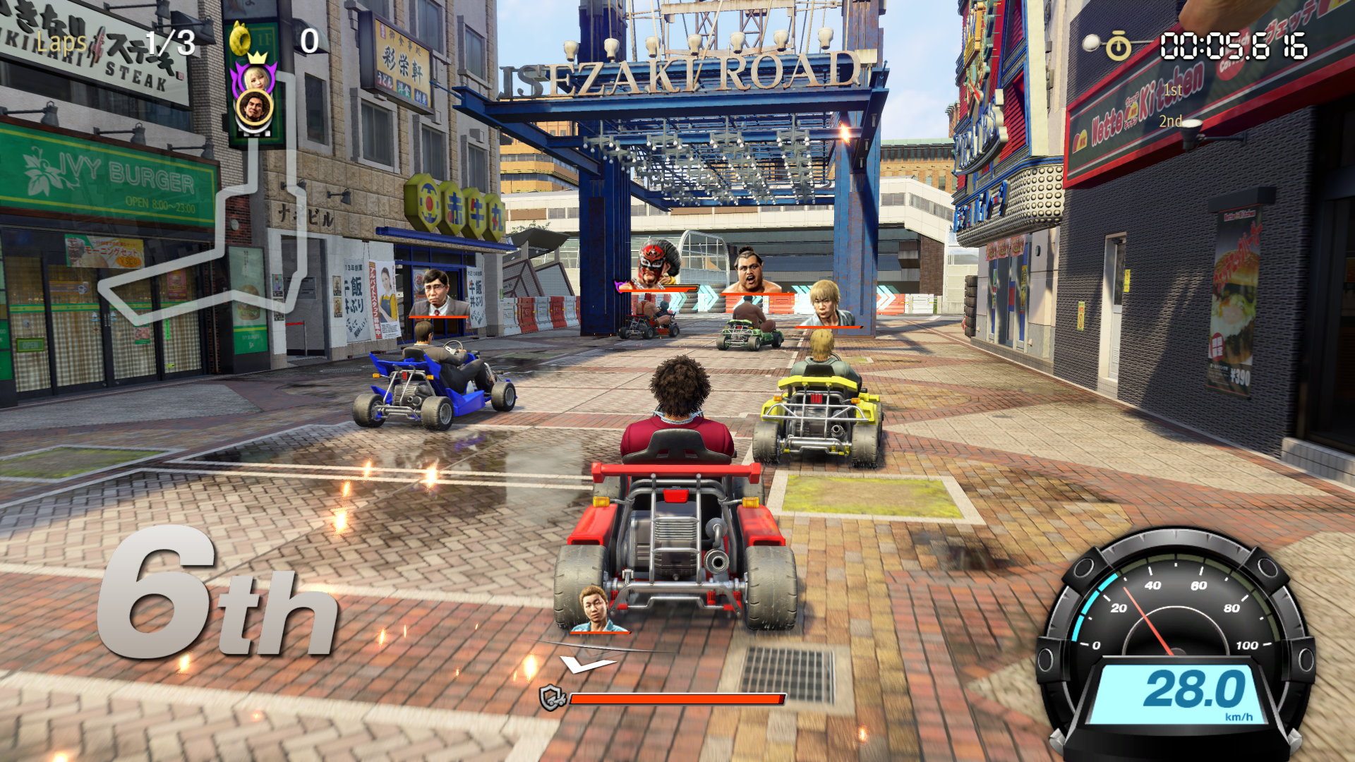 Screenshot of kart racing mini-game from Yakuza: Like a Dragon video game with player in 6th place racing through colorful urban track.