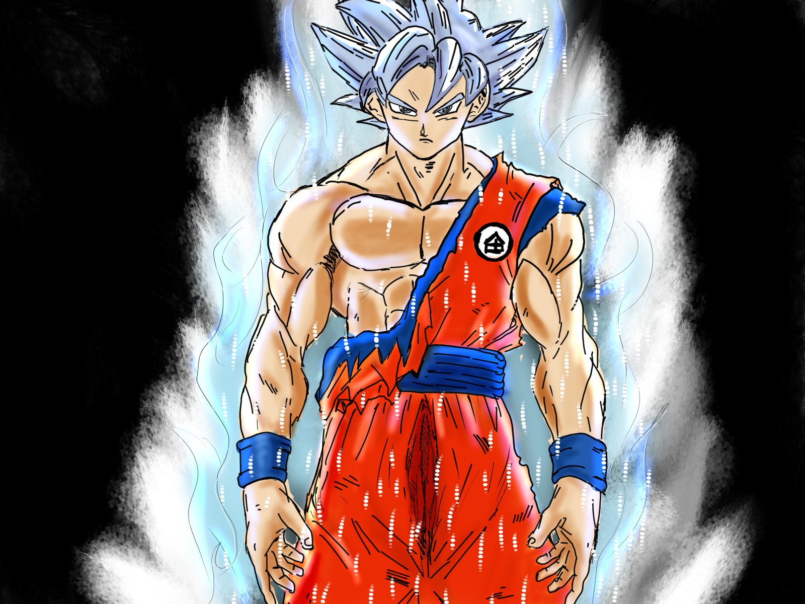 Goku stands confidently with glowing blue hair and a radiant aura, wearing his signature orange gi, ready for battle.