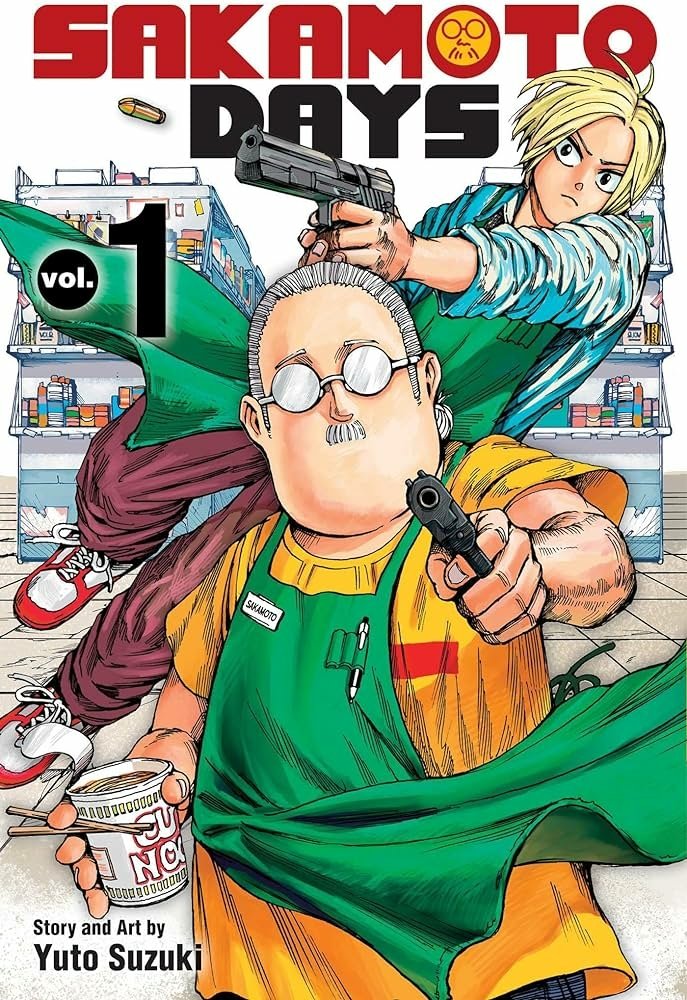 Cover art for Sakamoto Days Vol. 1 featuring two main characters, with a stylish male anime figure holding a gun in the background and a robust male character in the foreground holding a soft drink and a gun.