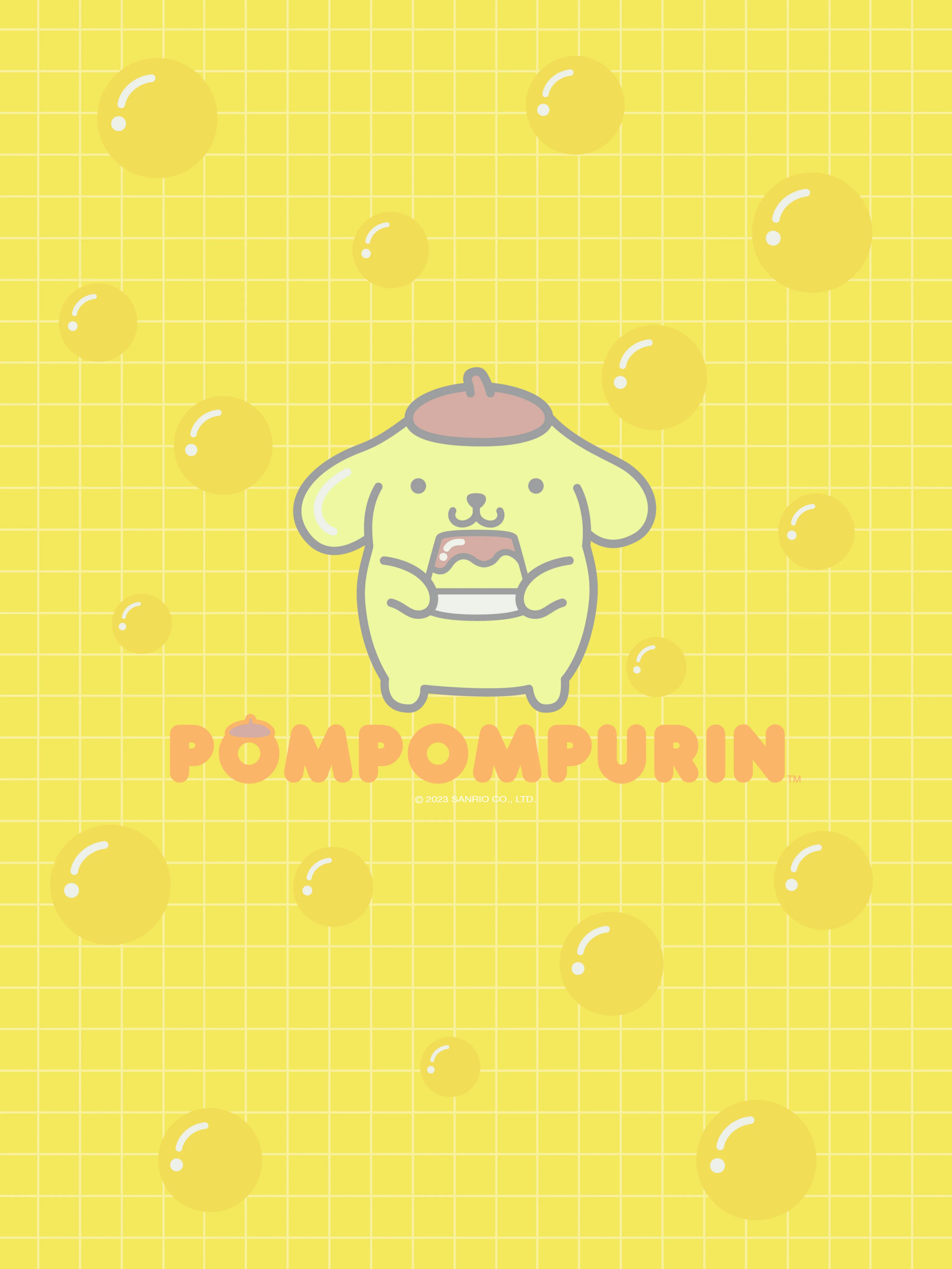 Cute Pompompurin character from Sanrio on a yellow polka dot background, anime style.