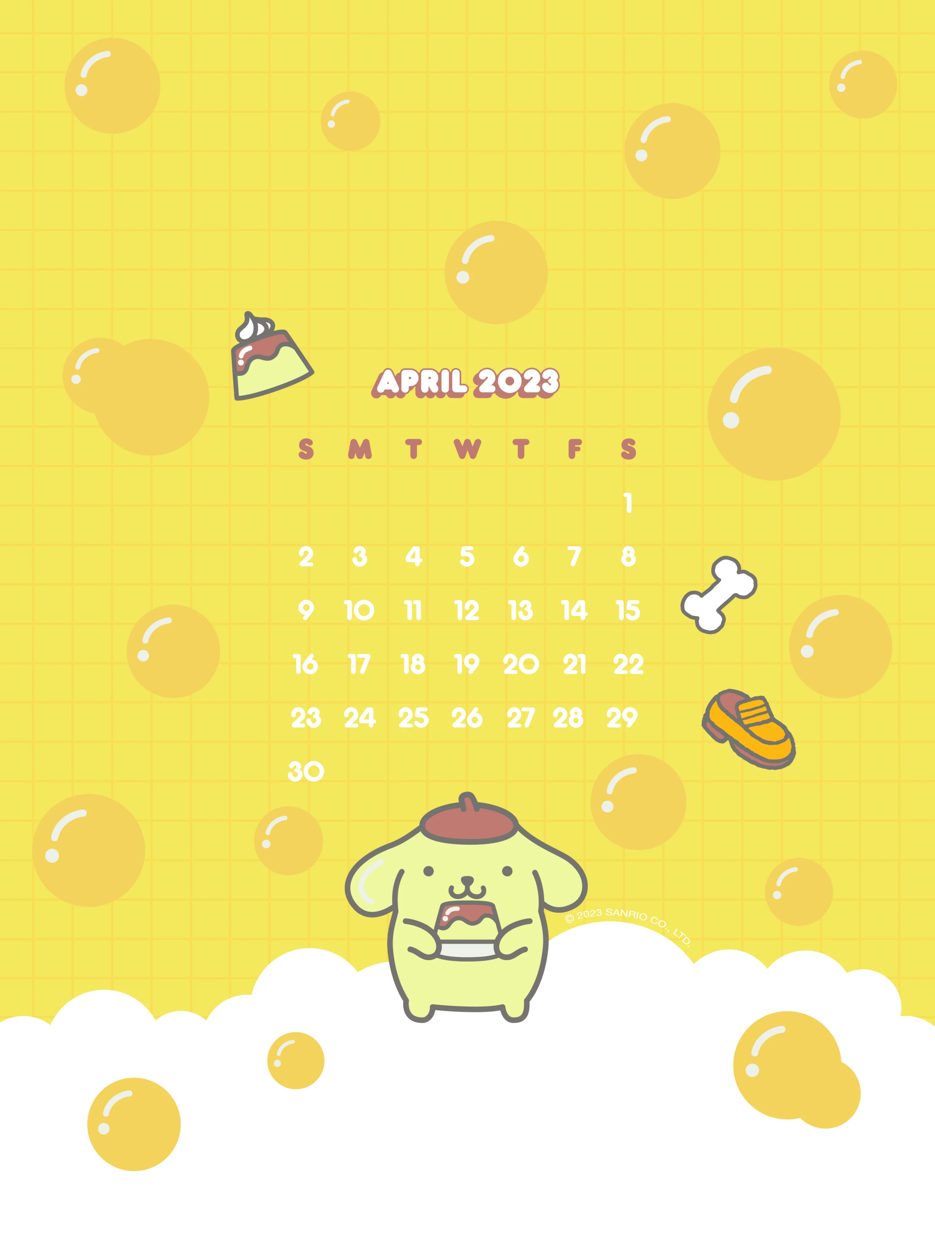 April 2023 Sanrio Pompompurin themed calendar with cute character and whimsical design elements on a yellow background.