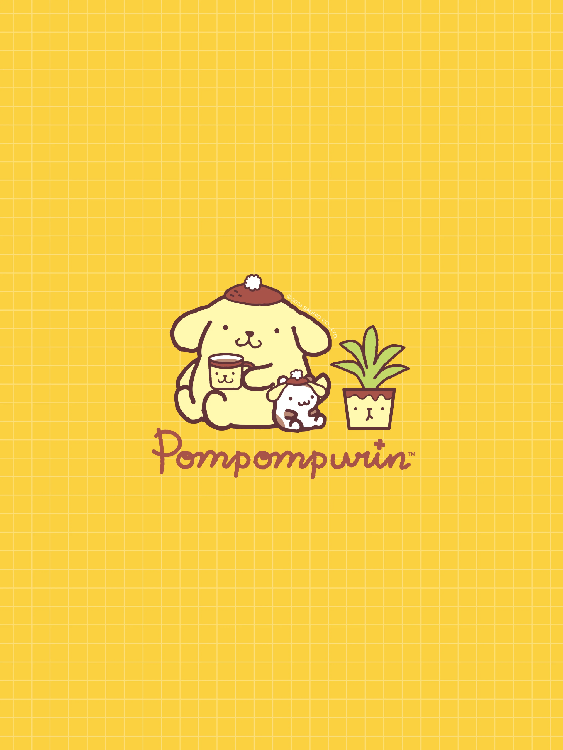 Cute Pompompurin and friends' illustration from Sanrio on a yellow background.