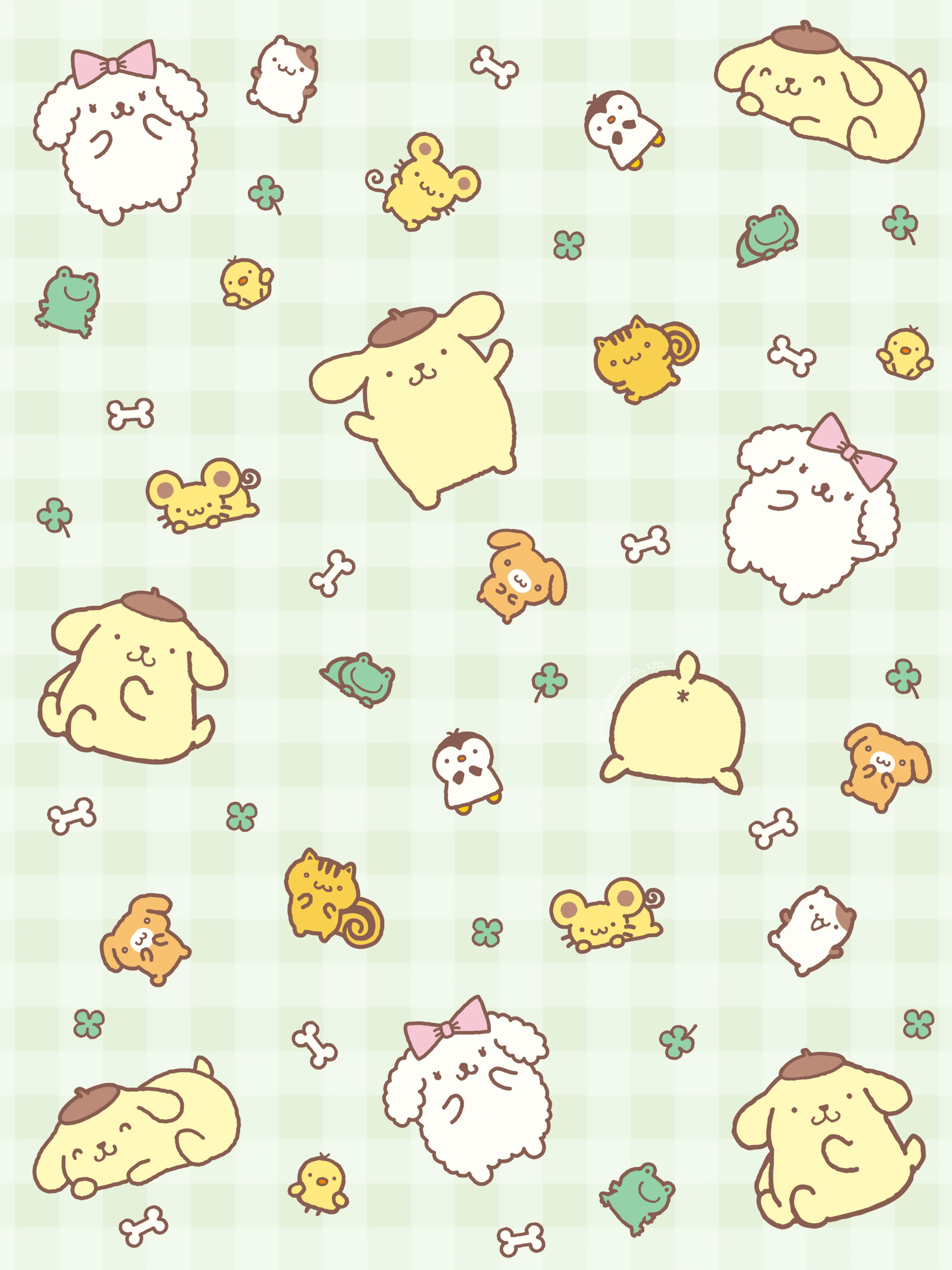 Colorful anime-style pattern featuring cute Sanrio characters with Pompompurin motifs on a pastel checkered background, ideal for kawaii-themed designs.