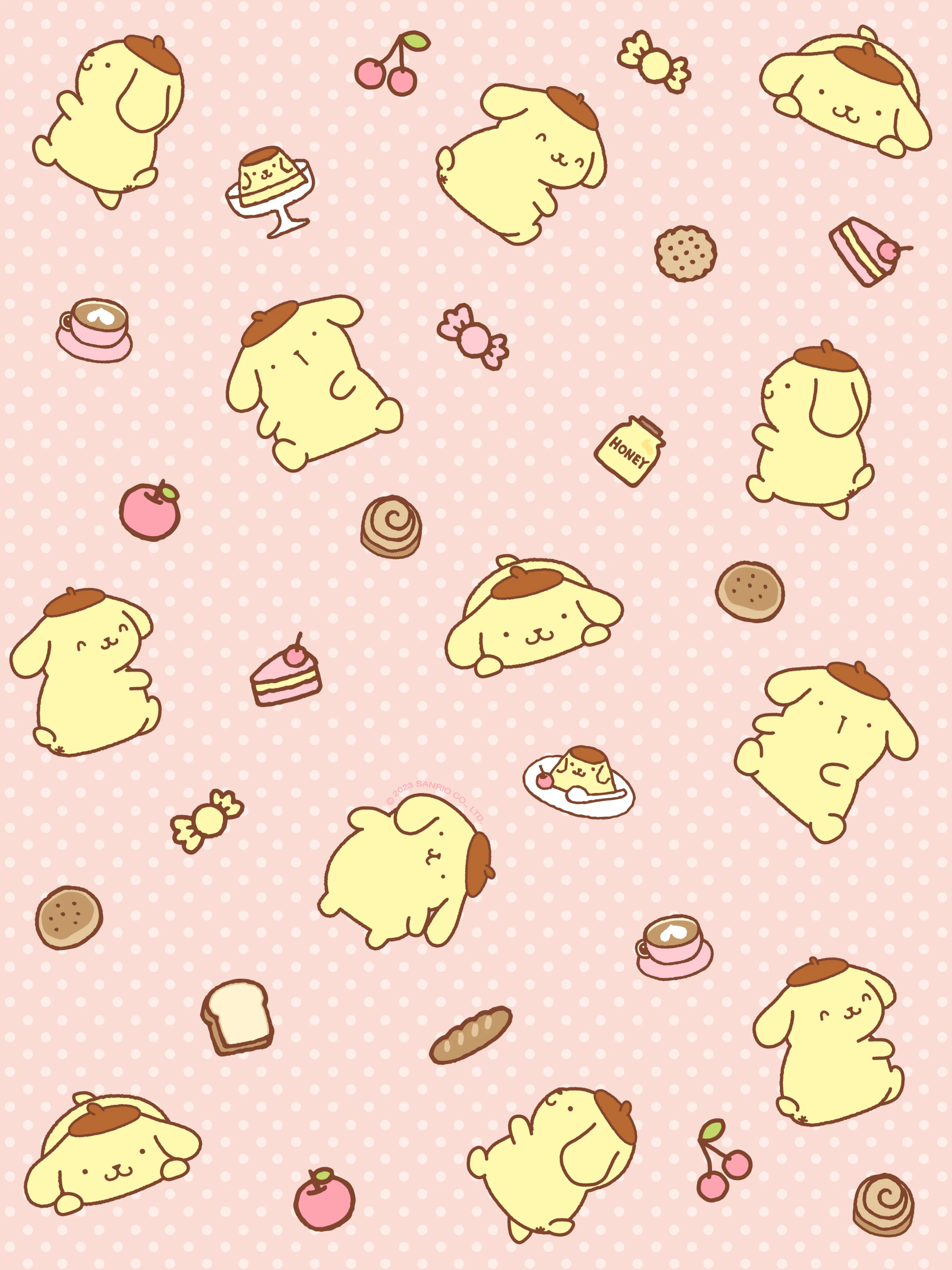 Cute Pompompurin pattern with various poses and sweets on a polka dot pink background, inspired by anime and Sanrio characters.