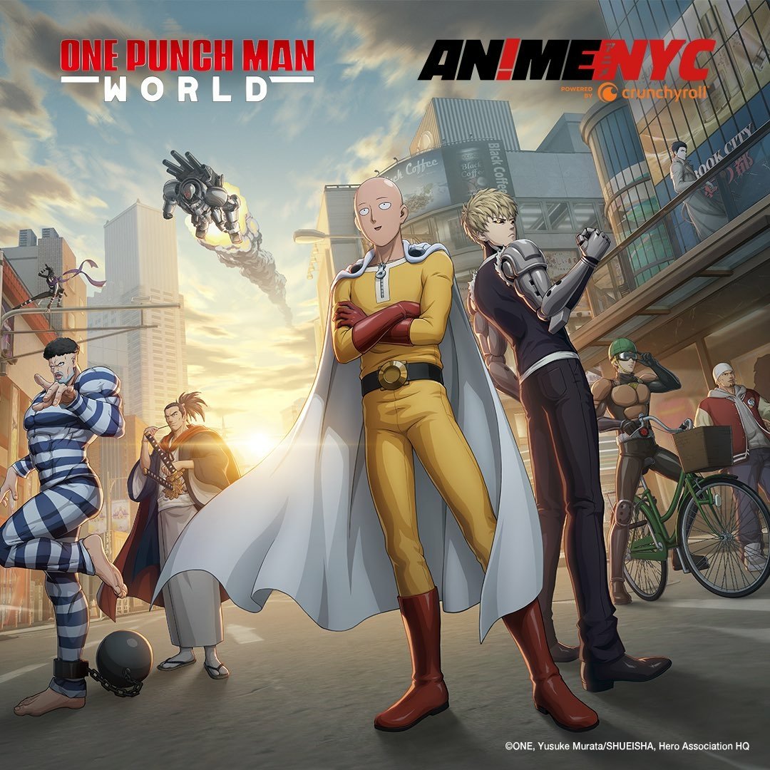 Promotional artwork for One Punch Man World video game featuring characters Saitama and Genos in a dynamic city setting.