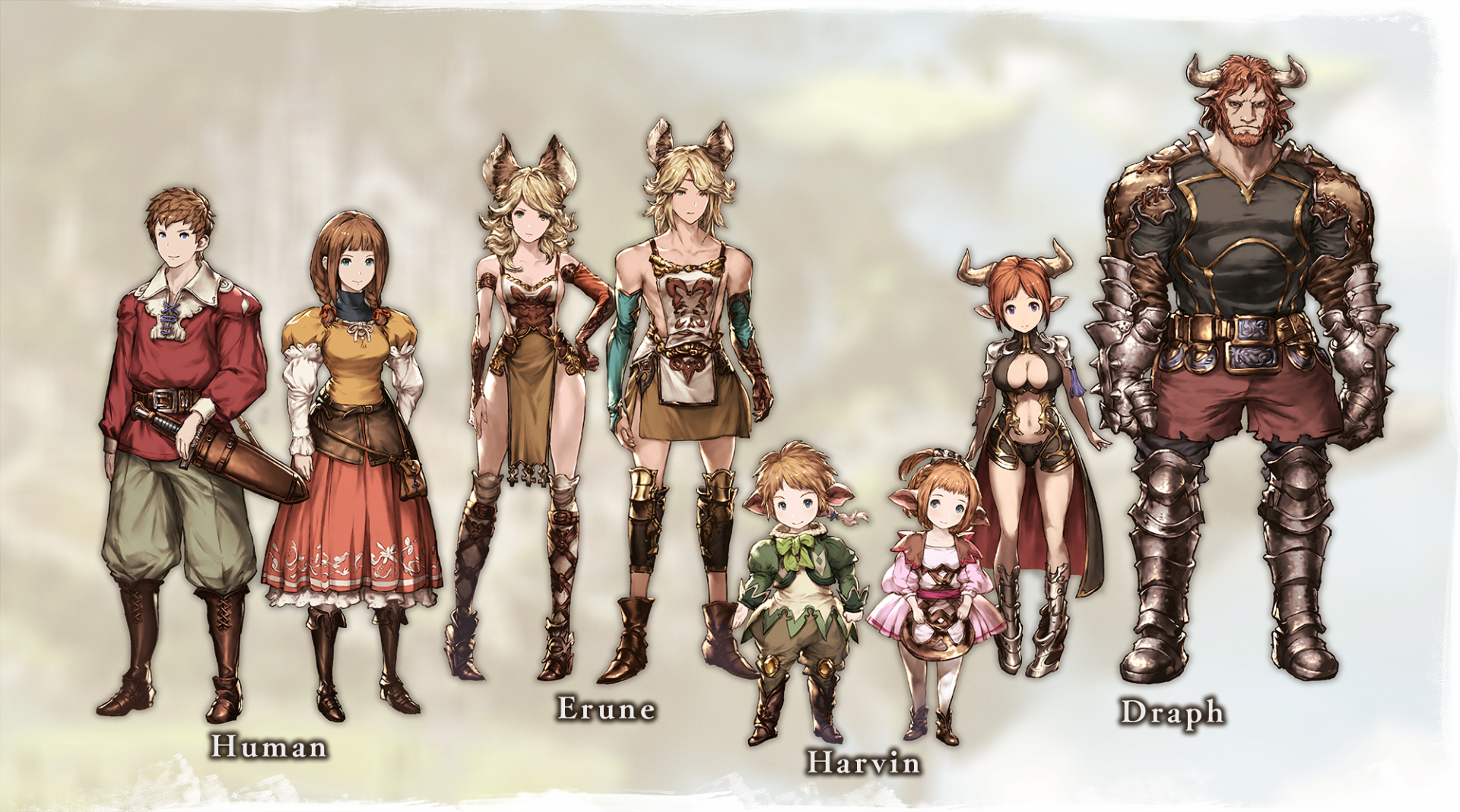 Illustration of character races from Granblue Fantasy: Relink video game, highlighting Humans, Erune, Draph, and Harvin.