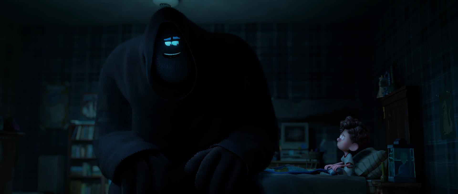 Animated scene from Orion and the Dark showing a child in bed facing a friendly giant shadowy figure.