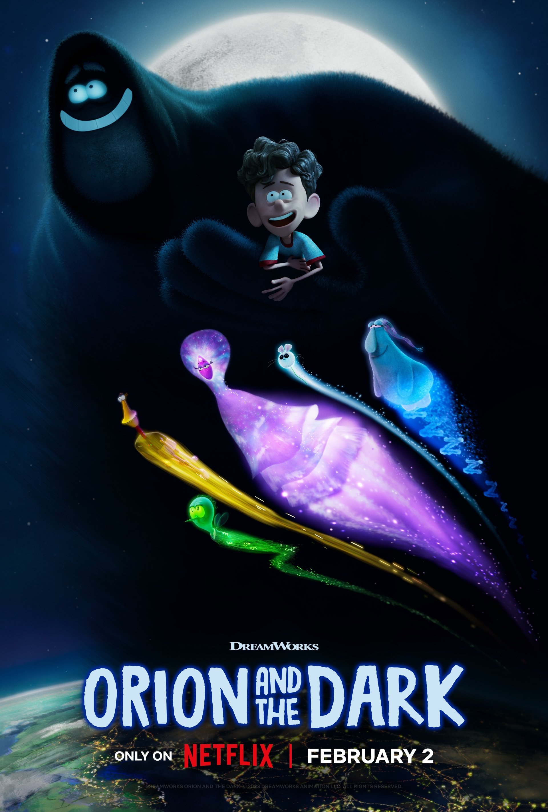 Poster for the animated movie Orion and the Dark showing a smiling child character and a friendly shadowy figure against a backdrop of space and colorful nebula, available on Netflix starting February 2.