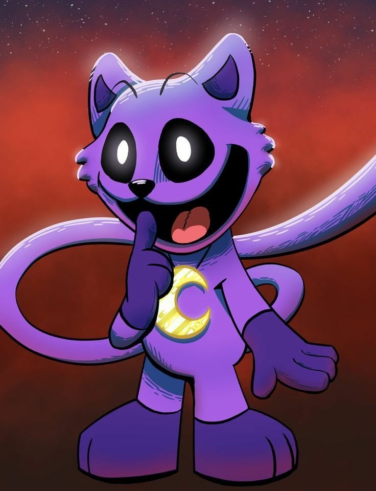 Illustration of a character from Poppy Playtime video game, featuring a purple cartoon cat with big eyes and a playful expression against a starry background.
