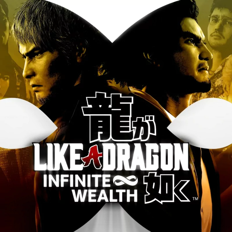 Promotional artwork for Like a Dragon: Infinite Wealth video game featuring intense male characters.