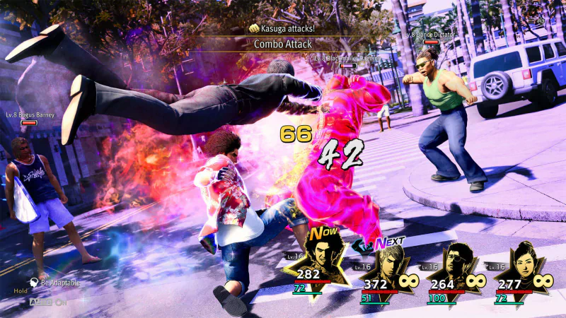 In-game action scene from Like a Dragon: Infinite Wealth featuring characters engaged in an explosive combat with vibrant visual effects.