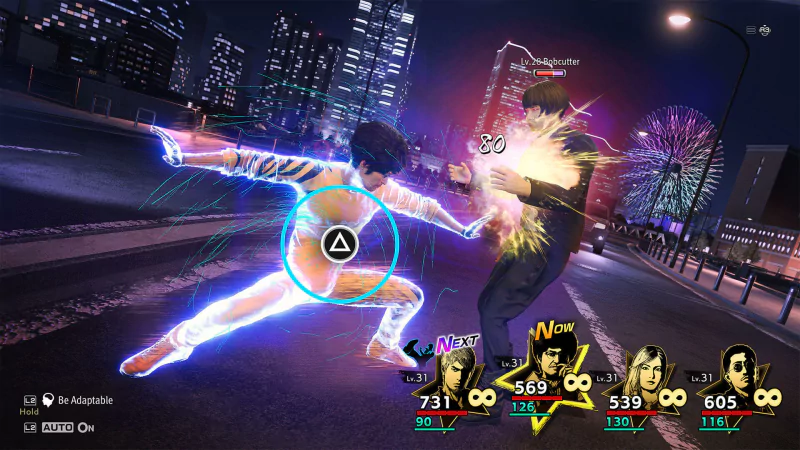 Screenshot from Like a Dragon: Infinite Wealth video game showing characters engaged in a dynamic combat scene with colorful effects on a city street at night.