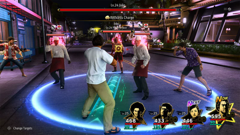 In-game action scene from Like a Dragon: Infinite Wealth featuring characters in a street fight with health bars and special abilities displayed.