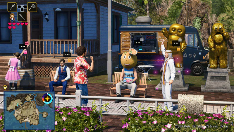 Screenshot from the video game 'Like a Dragon: Infinite Wealth' showing characters in a vibrant game setting with a map visible on the bottom left corner.