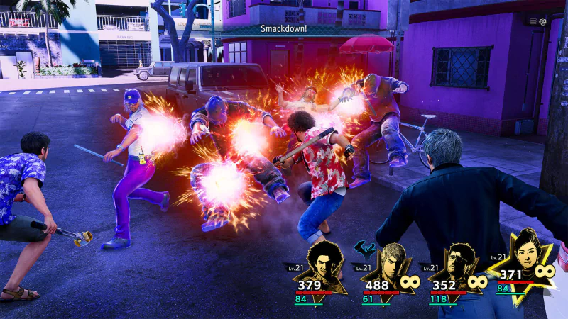 Characters engaging in combat on the streets in the video game 'Like a Dragon: Infinite Wealth.'