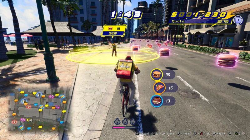 Gameplay screenshot from Like a Dragon: Infinite Wealth featuring a character cycling through a sunny virtual cityscape with game HUD displaying time, score, and objectives.