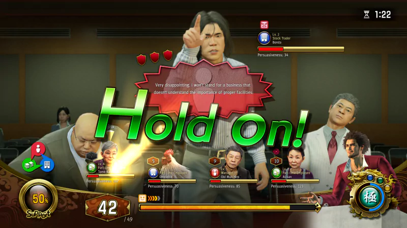 In-game screenshot of Yakuza: Like a Dragon showing a dramatic debate scene with Hold On! speech bubble.