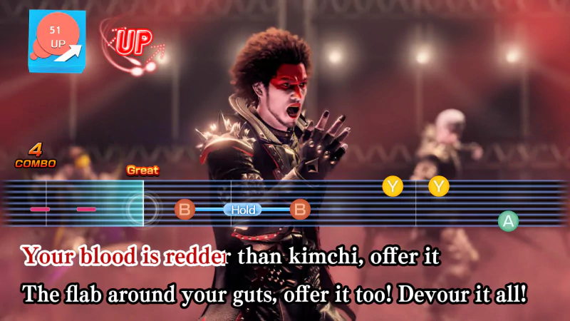 Dynamic in-game battle scene from Yakuza: Like a Dragon featuring a character with a punk hairstyle performing an attack, with combo indicators and a vibrant dialogue box.