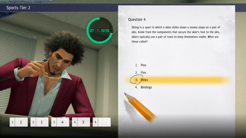 Character from Yakuza: Like a Dragon video game selecting an answer in a multiple-choice quiz in-game scene.