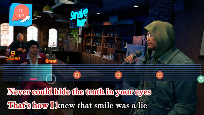 Screenshot from Yakuza: Like a Dragon video game featuring characters in a bar with karaoke lyrics on screen and interactive gameplay elements.