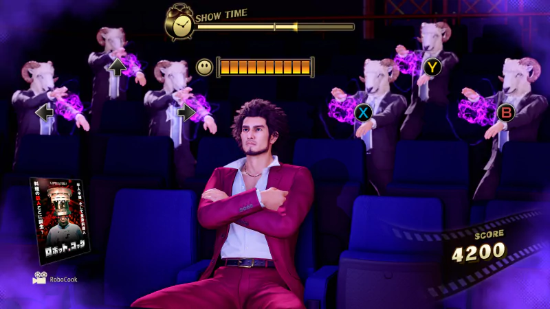 Character in red suit playing rhythm mini-game in Yakuza: Like a Dragon video game, with score display and button prompts on screen.