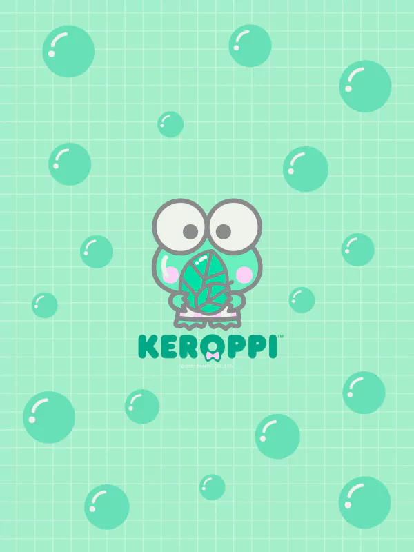 Anime-style image featuring Sanrio's Keroppi holding a leaf, set against a mint green grid background with floating bubbles.