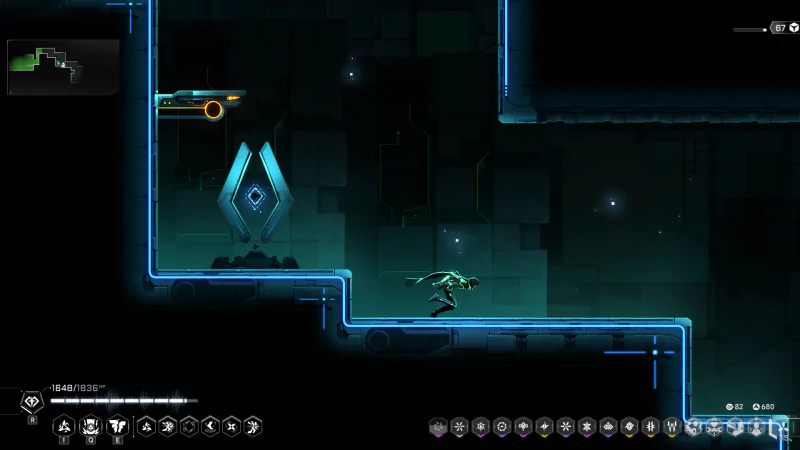 In-game screenshot of BlazBlue Entropy Effect featuring a player character navigating a dark, neon-lit level with platformer elements and a futuristic interface.