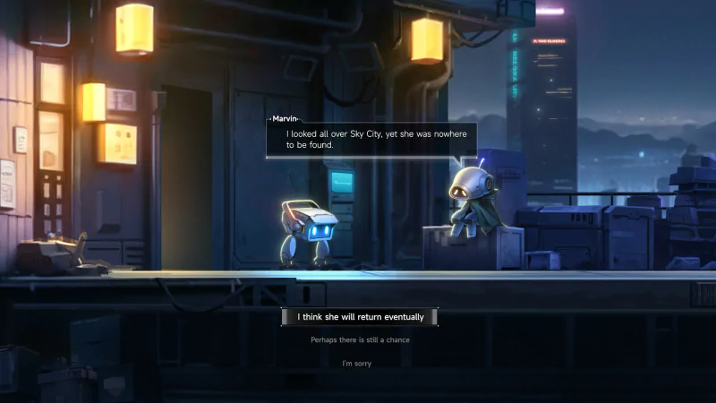 Screenshot from BlazBlue Entropy Effect video game showing two characters conversing in a dimly lit futuristic setting with cityscape in the background.