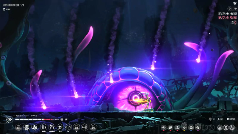 Vibrant scene from BlazBlue Entropy Effect showing a purple-hued forest with magical energy and game interface elements.
